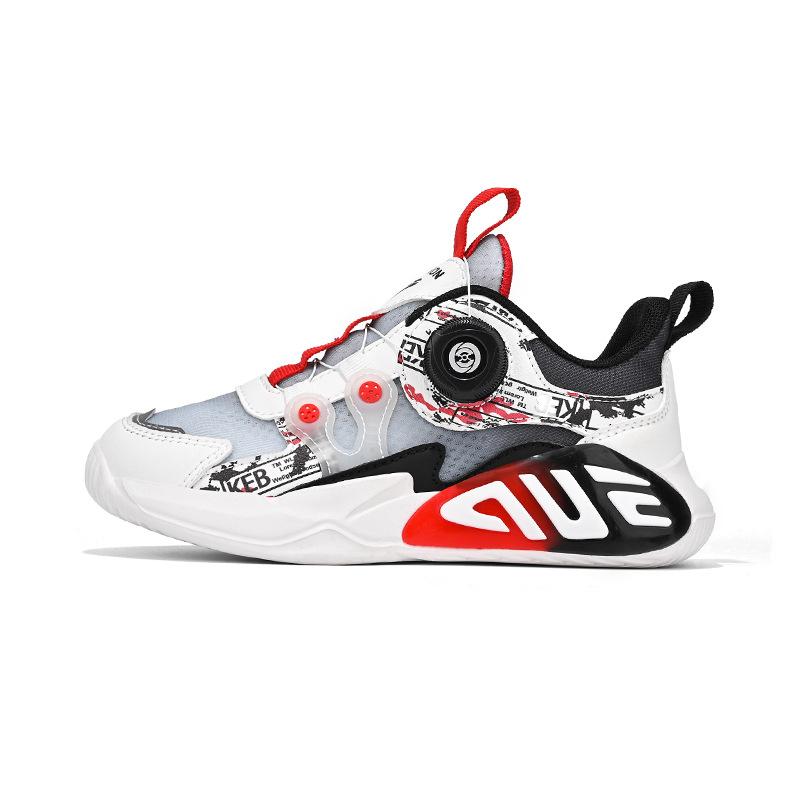New double mesh ice silk breathable classmate fashion sports shoes medium and older children's casual rotating button cushioning basketball shoes
