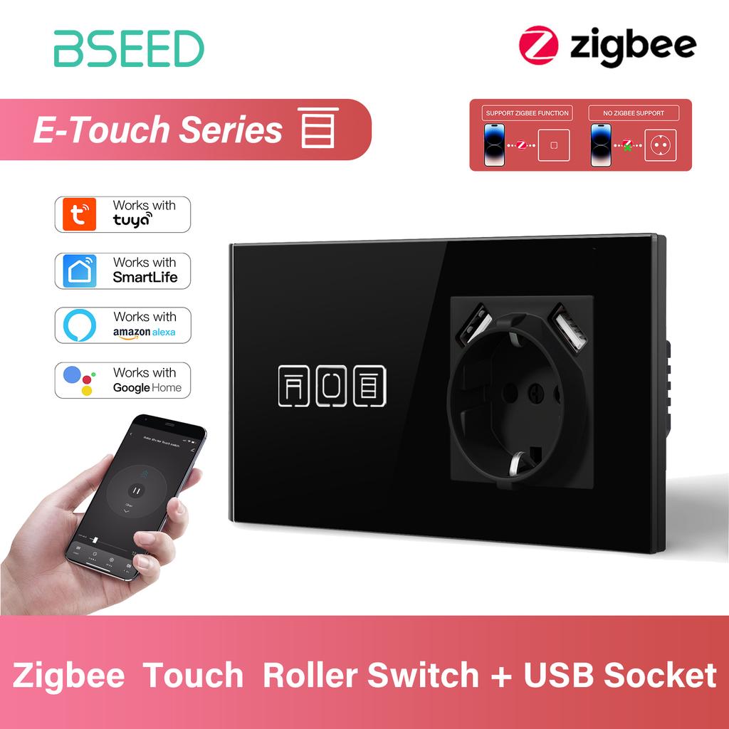 BSEED Zigbee Smart Blind Switch Electric Roller Shutter Switch With EU Socket USB Type-C Port Tuya Alexa Smart Life App E Series