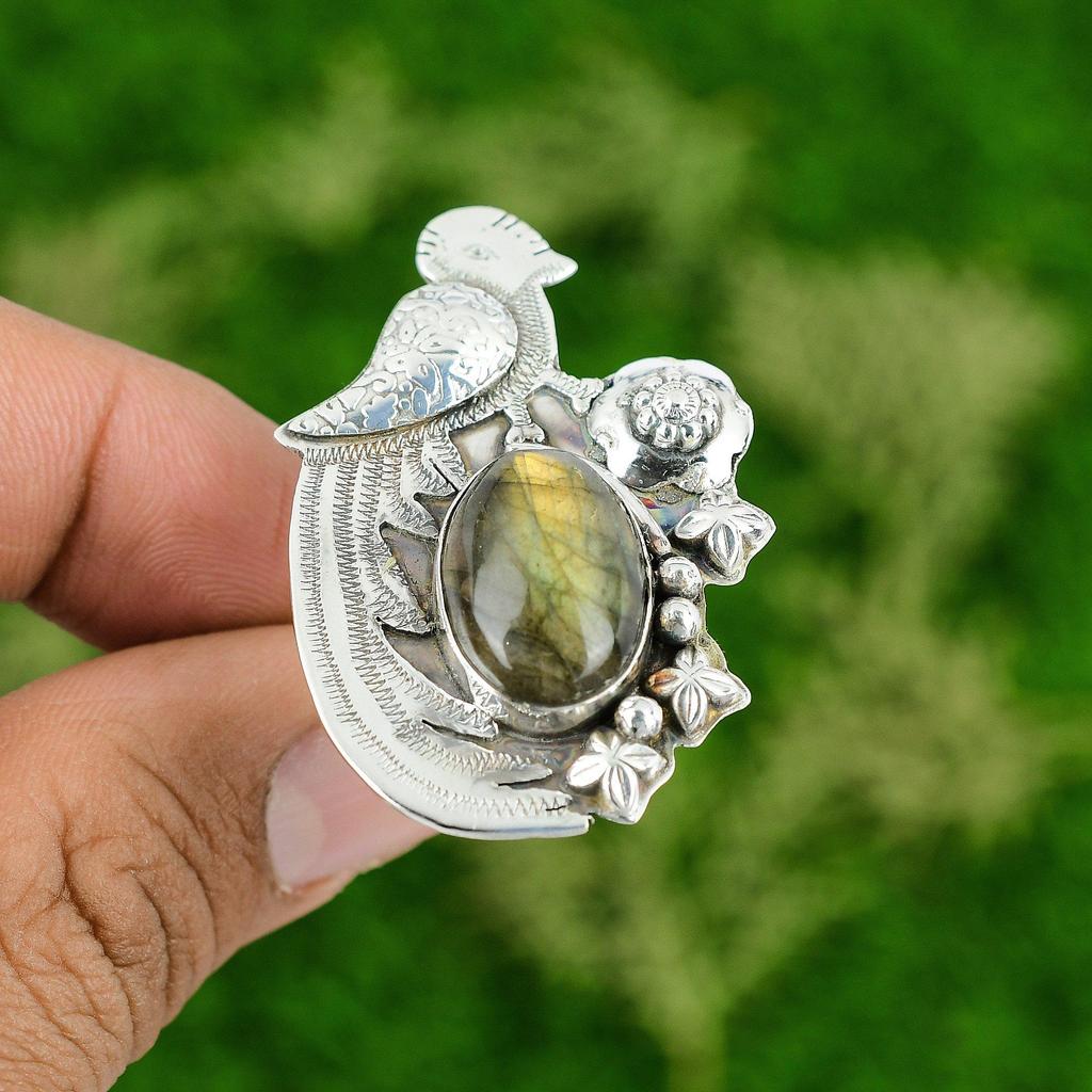 Natural Labradorite Gemstone Promise Bird Adjustable Ring 925 Silver For Women