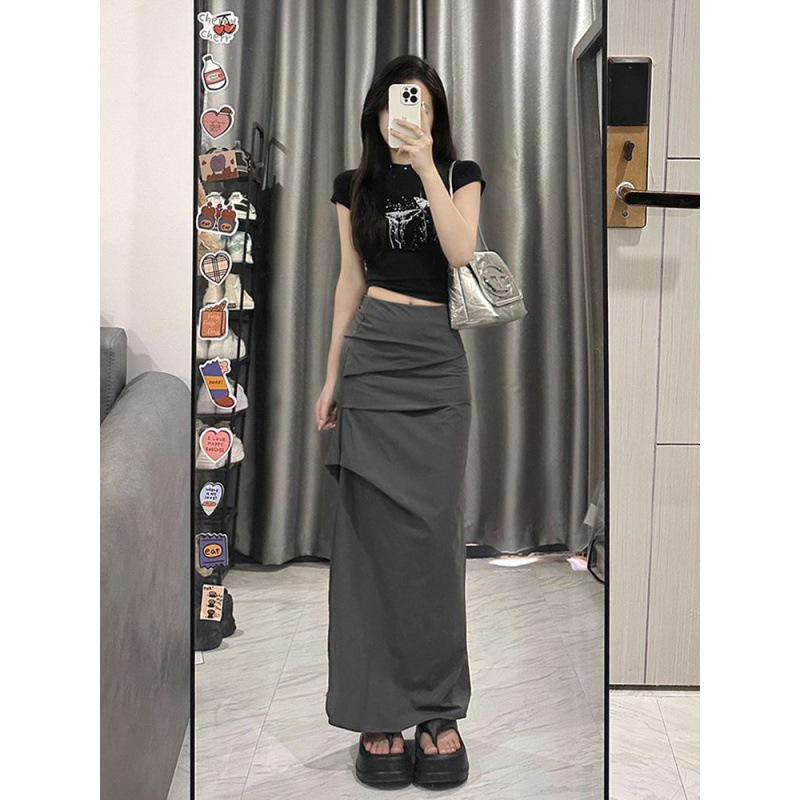 Design Sense Casual Midi Skirt for Women: High-Waist, Pleated, Slit, and Hip-Wrap Style for a Slim Look