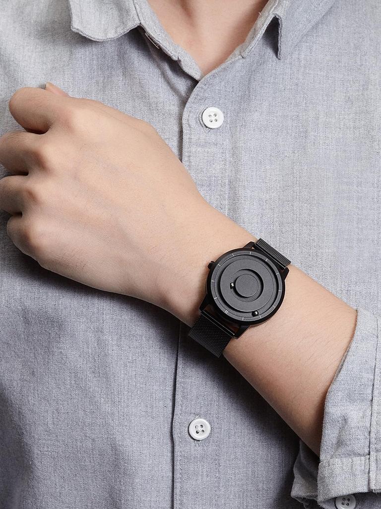 Магнитные часы с шарикоподшипником, кварцевые часы, минимализм, повседневные, водонепроницаемые, 40 мм, черный циферблат, черный ремешок из нержавеющей стали, сетчатый ремень [EUTOUR] Мужские