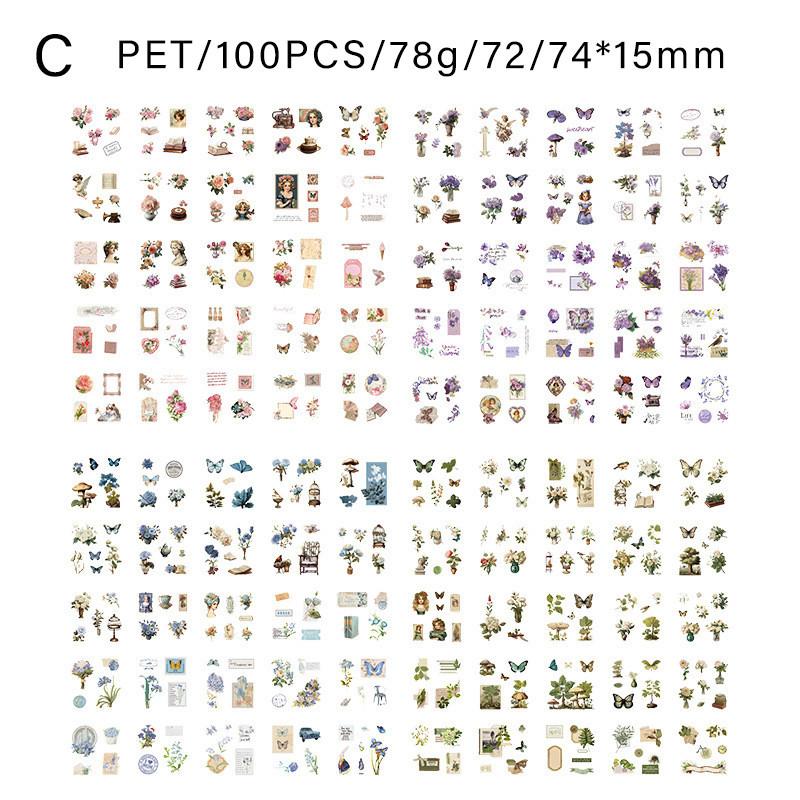 100Sheets/pack Vintage Stickers Waterproof PET Material Children Stationery Sketchbook Diary Scrapbook Supplies for Kids