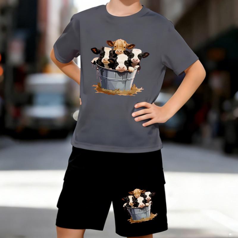 Boys 2 Piece Cartoon Cow Printed Outfit, Short Sleeve T-Shirt and Shorts Set for Kids Age 5-14,white,Black Sporty Casual Summer Clothes