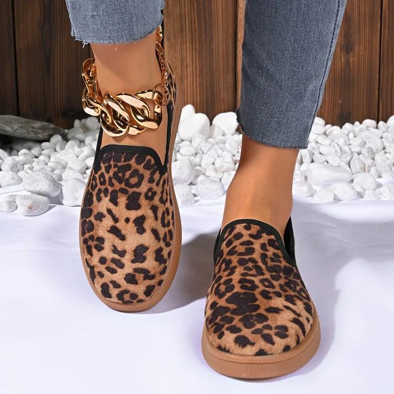 Модная женская обувь 2024 года, высококачественные женские туфли-лодочки без застежек, повседневные туфли-лодочки больших размеров, женские туфли с леопардовым принтом и круглым носком, с мягкой подошвой