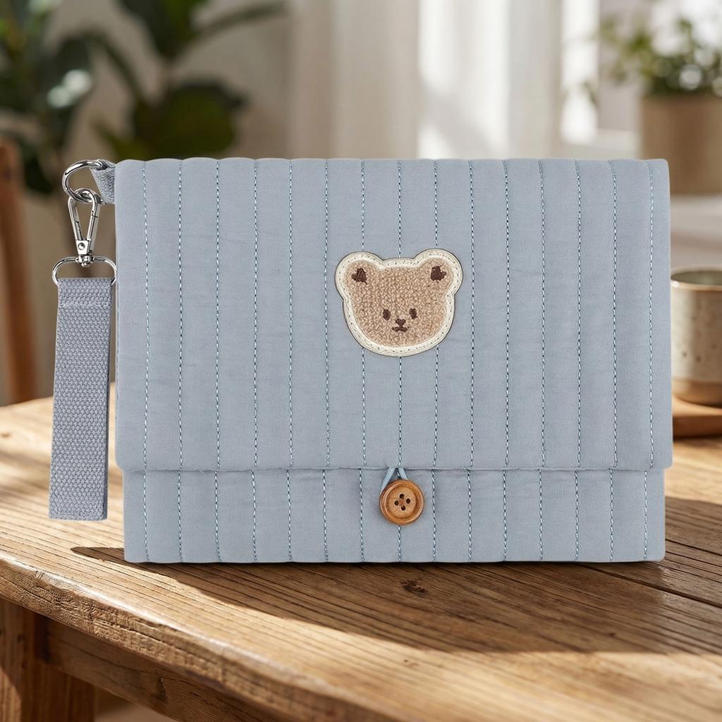 Cute Bear Embroidery Diaper Clutch Bag Foldable Quilted Diaper Pouch Multiple Pockets with Wipes Pocket Travel Essential for Mom