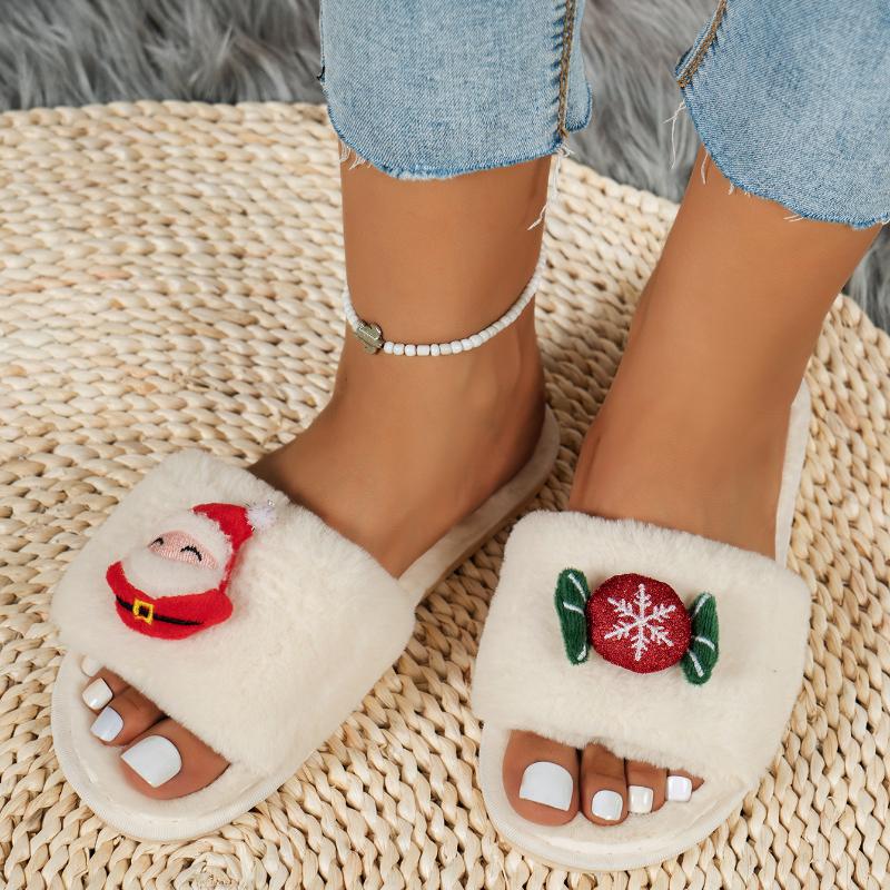 European and American Christmas Element Slippers for Women's 2024 Autumn Winter New Cartoon Cute Flat Bottom Women's Slippers