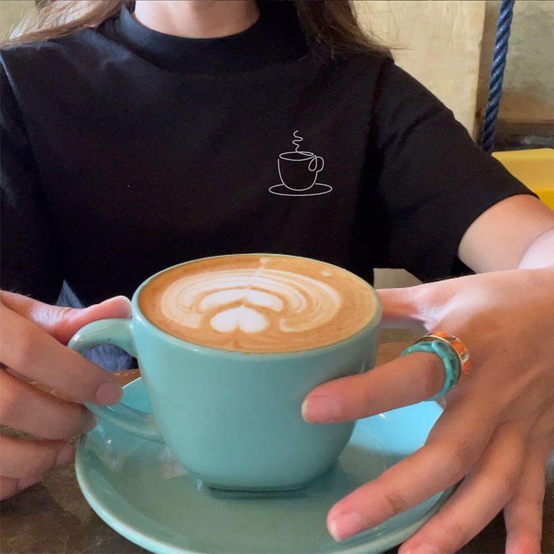 Coffee Line Print Niche Style American Retro Style Normcore Design Easiest for Match Pure Cotton Short Sleeve T-shirt for Women
