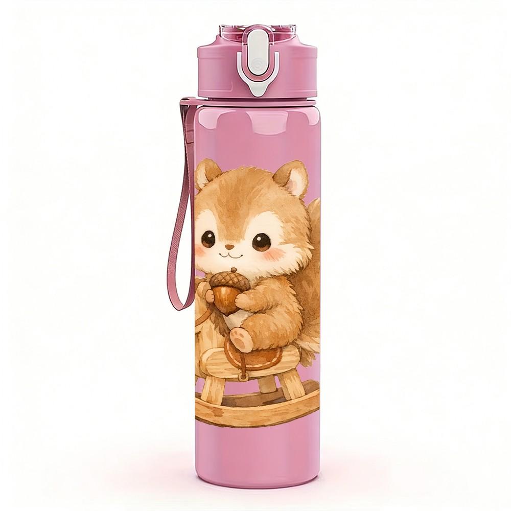 1PC Squirrel On Rocking Horse Print 750ml Color Plastic Sports Water Bottle Leakproof Flip Straw Lid Suitable for Sports Office Home Use