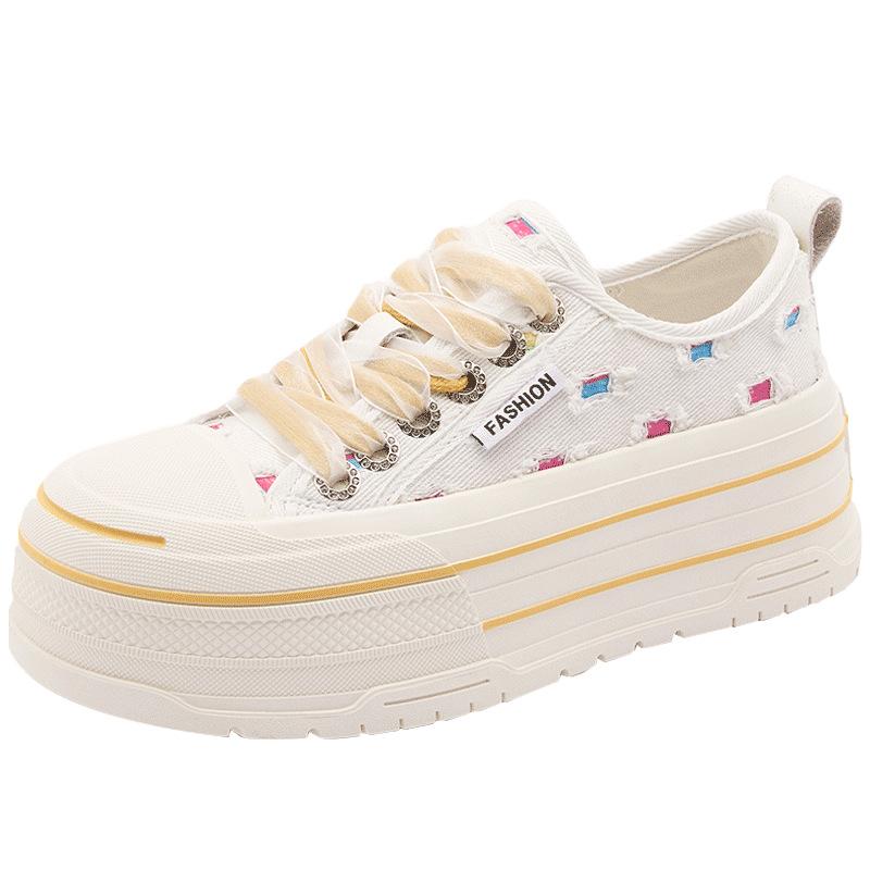 Thick-soled Heightening Canvas Shoes, Female Students' Versatile Little White Shoes 2025 New Ins Korean Version of Trendy Bag Head Casual Shoes