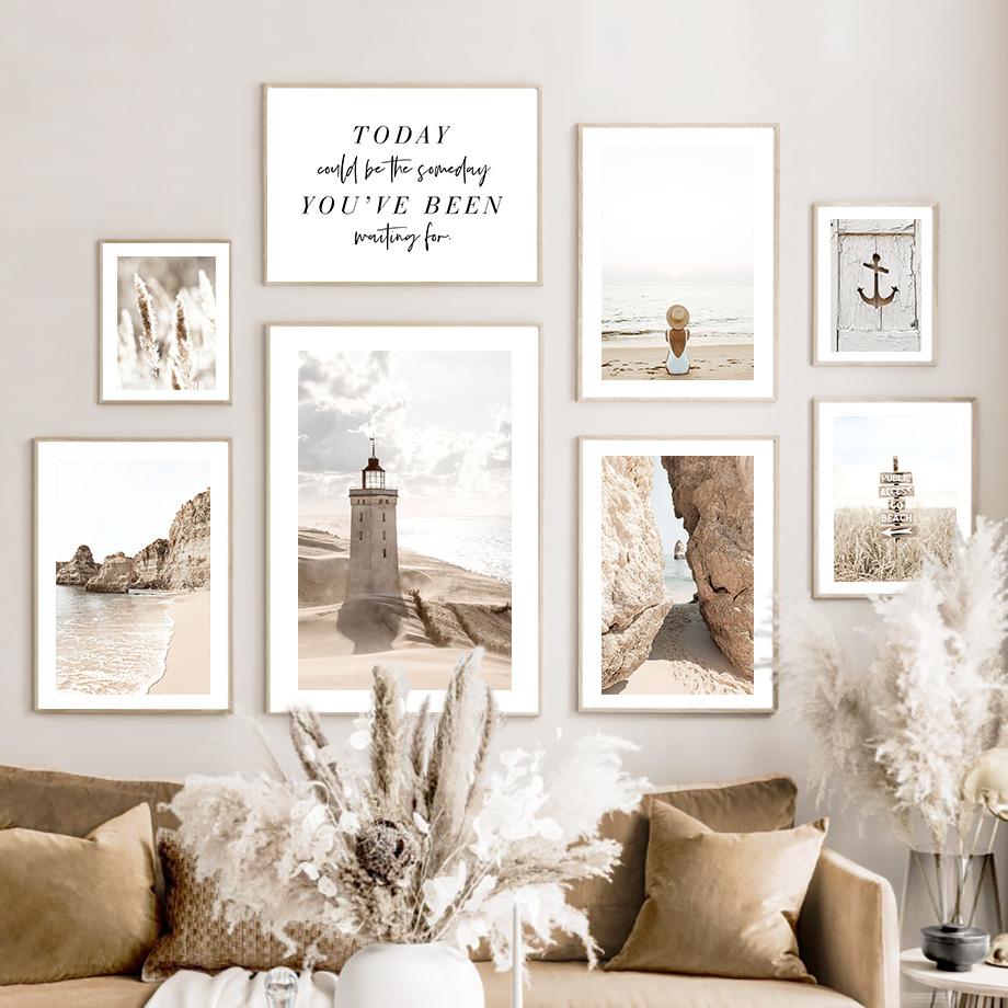 Beige Beach Lighthouse Reed Sea Waves Seascape Wall Art Canvas Painting Posters And Prints Wall Pictures For Living Room Decor