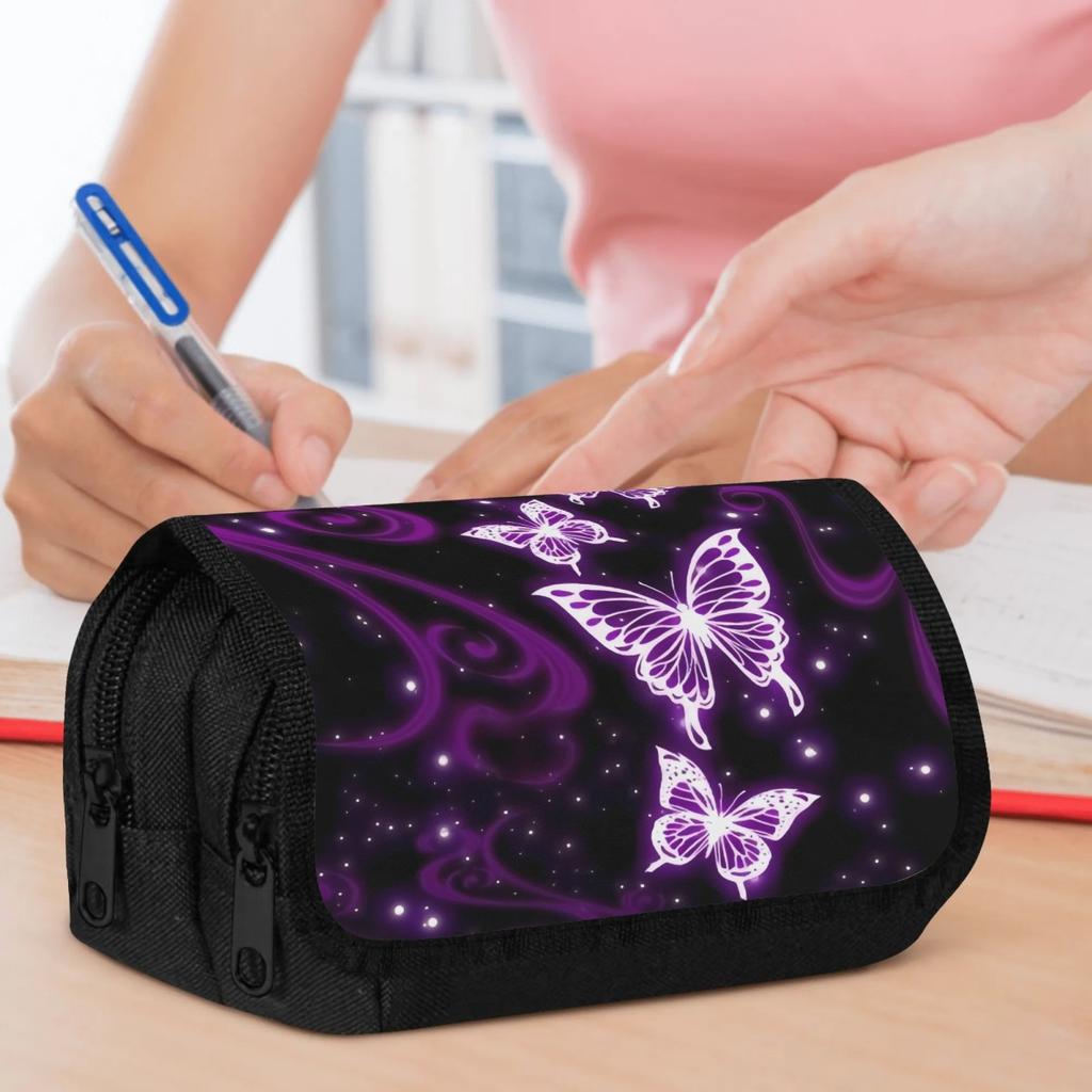 Packing Organizers 1pc Double Layer Flip Pencil Case - Purple Flame Butterfly Dance, Large Capacity, Portable Polyester Pen Storage Bag with Zipper Cl