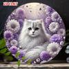 Металлическая табличка D Flat White Персидская кошка Милый пушистый котенок с короной из фиолетовых ромашек Винтажное пастельное цветочное искусство Сельский металл