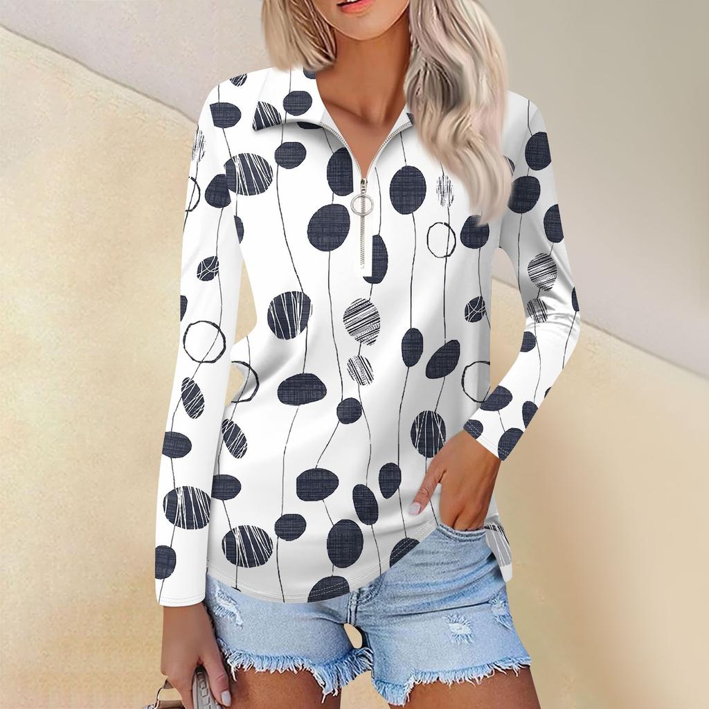 Женская весенняя и модная повседневная рубашка с принтом на молнии с V-образным вырезом и длинным рукавом