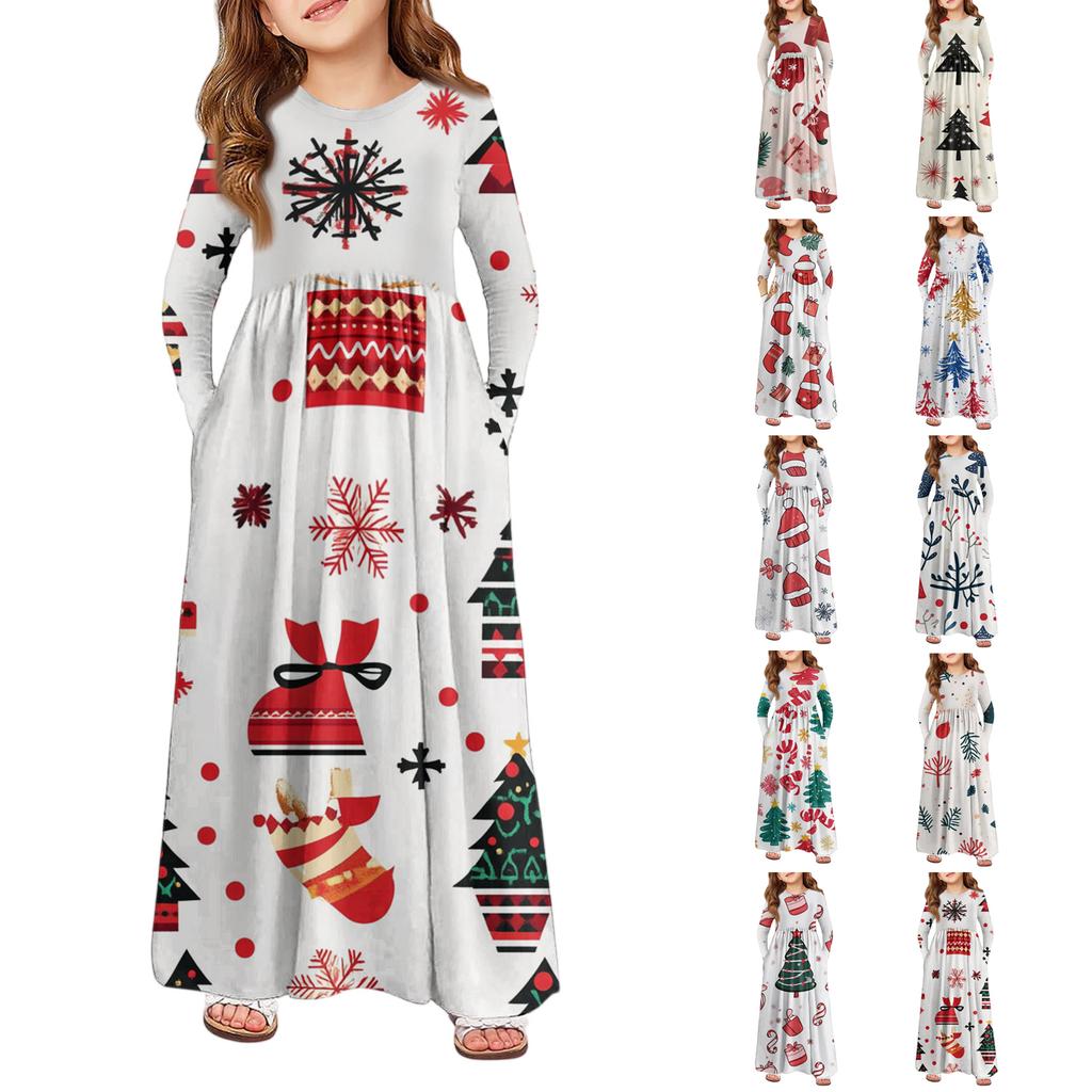 Девичье платье макси - Платье с длинным рукавом и карманом на Рождество