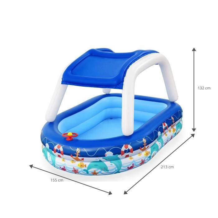 Piscine Gonflable pour Enfants - Bestway - Bateau Bleu avec Auvent et Gouvernail - 213x155x132 cm