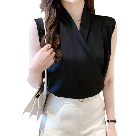 Рубашка с v-образным вырезом без рукавов, однотонный пуловер, топы, свободная атласная блузка с перекрестной оберткой