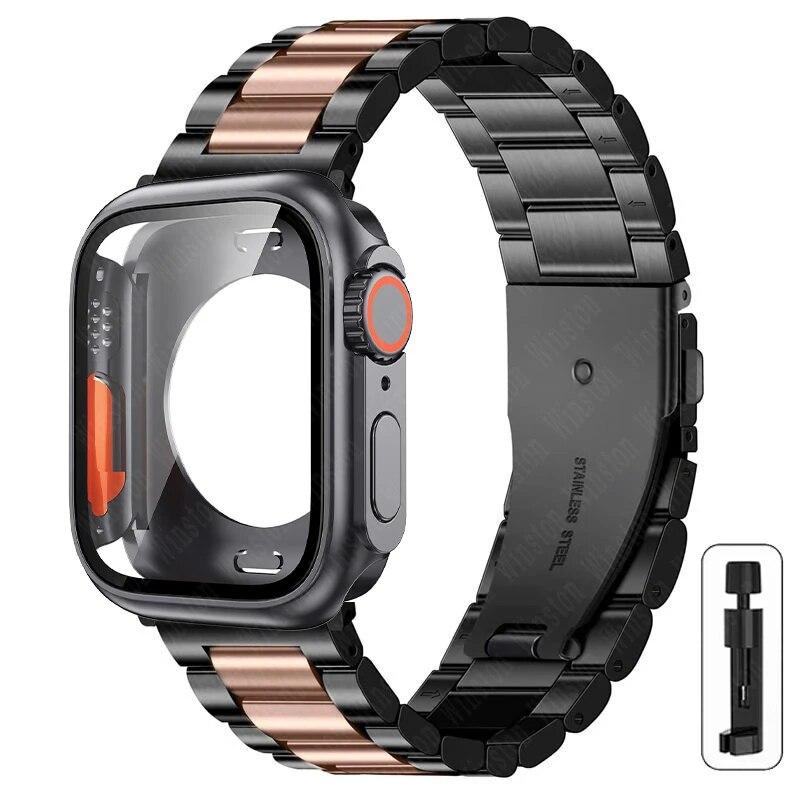 Ремешок+корпус из нержавеющей стали для Apple Watch 44мм 45мм 41мм 40мм Улучшенный ТПУ корпус Iwatch Series 9 8 7 6 SE 5 4 Металлический браслет