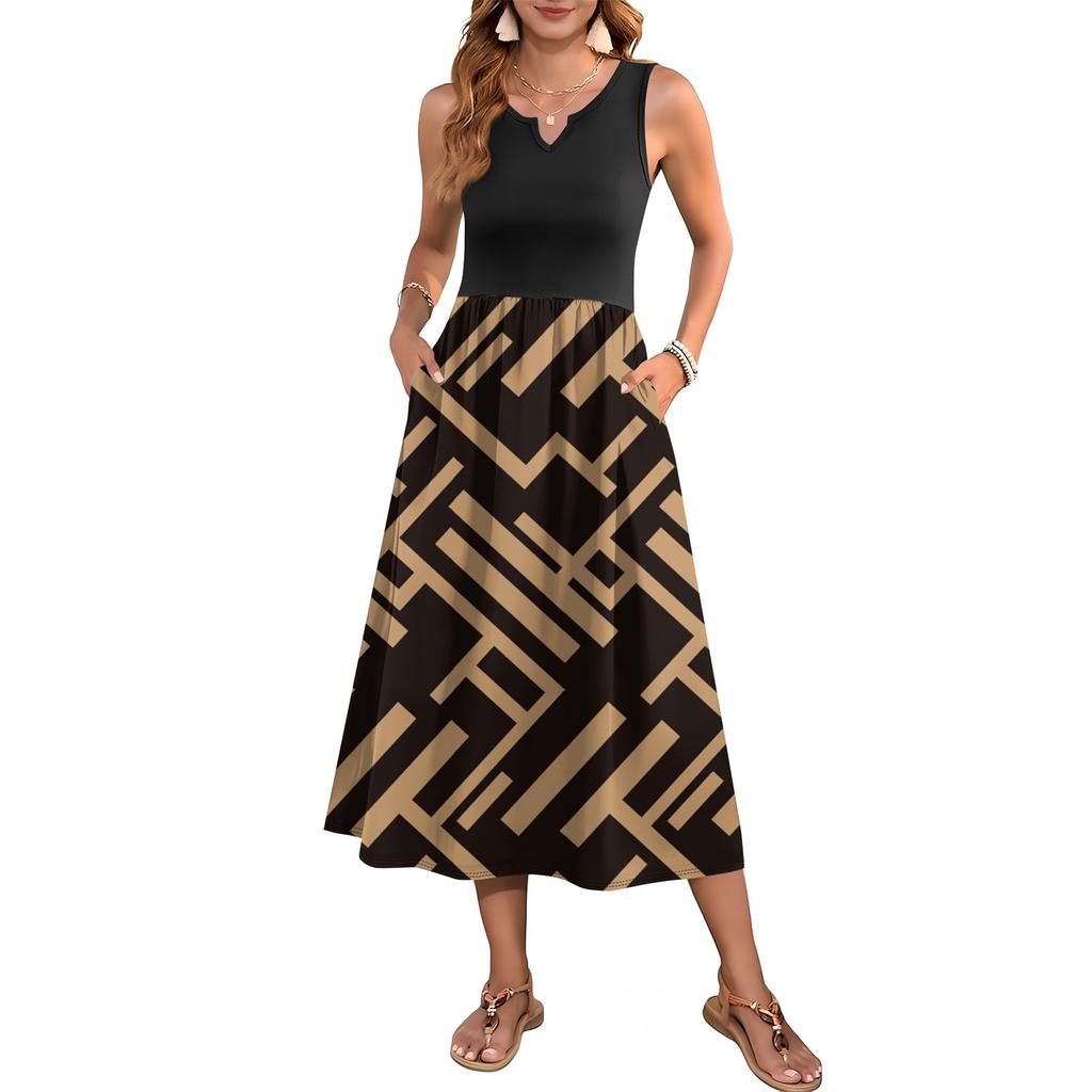 Женское платье без рукавов с цветочным принтом и высокой талией, модное и элегантное