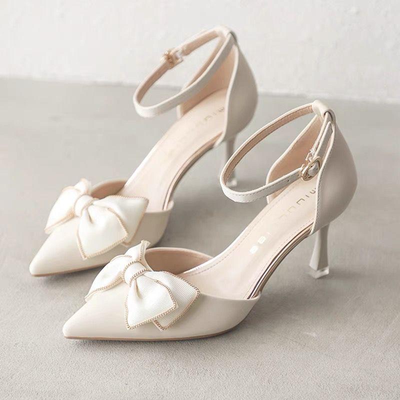 French Medium Heel Stiletto Pointed High Heels 2025 Summer New Fairy Shoes Gentle with Skirt Bow Single Shoes Women