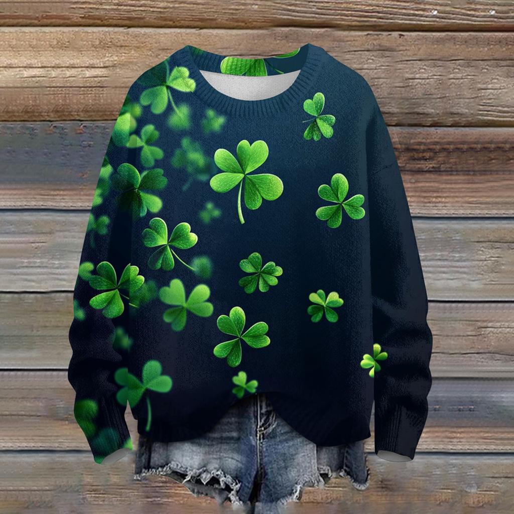 Женская мода вскользь с длинным рукавом St. Вязаный топ с круглым вырезом и принтом ко Дню Святого Патрика