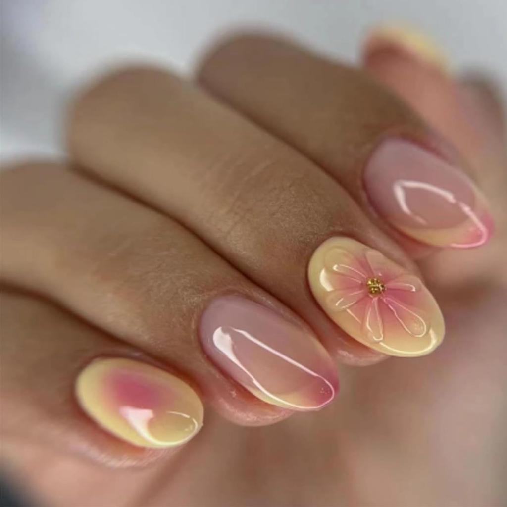 24Pcs Ocean Fish Pattern Press On Nails Short Oval Full Cover Summer Colorful Striped Fake Nails