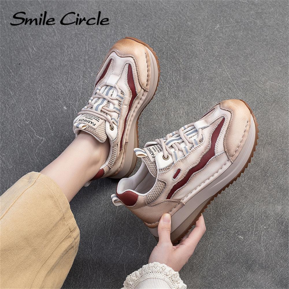 Женские кроссовки из натуральной кожи с круглым носком, увеличивающие рост, модные повседневные туфли на толстой подошве
