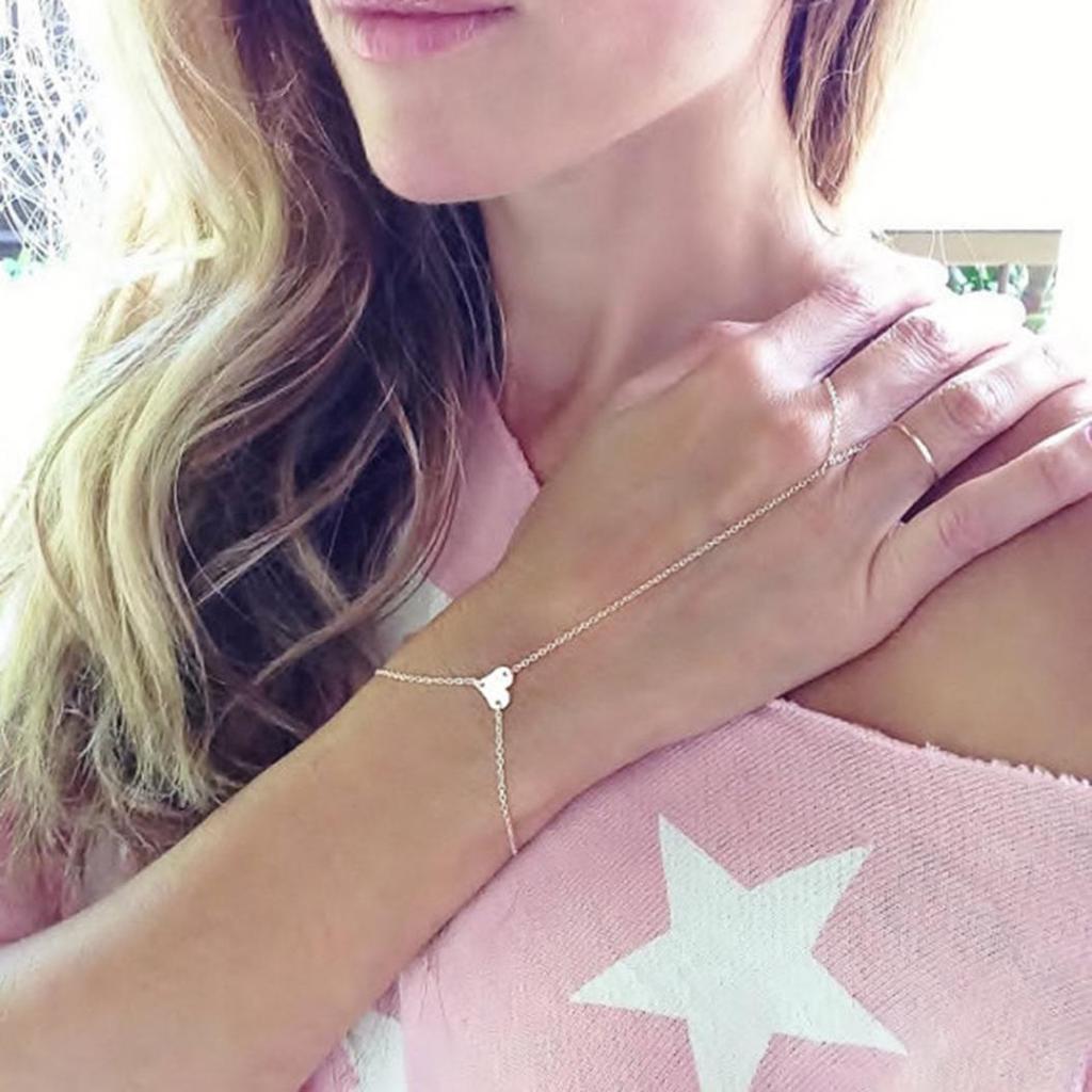 Fashion Women Love Heart Hand Harness Finger Ring Slave Chain Bracelet Jewelry