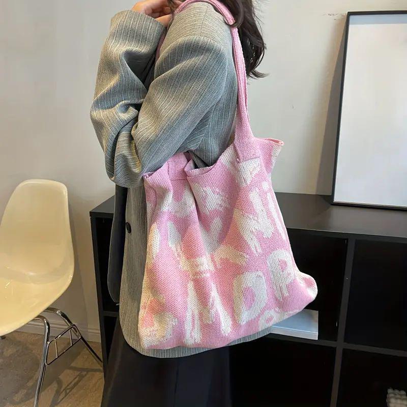 Сумка через плечо с буквенным принтом, большая вместительная сумка контрастного цвета из хлопчатобумажной ткани, летняя модная вязаная сумка ручной работы