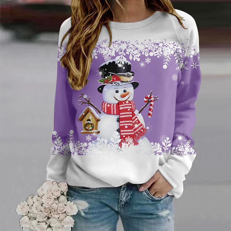 Голубые футболки со снеговиком с 3D принтом, женские топы, пуловер с длинными рукавами и круглым вырезом, женские футболки, футболка для женщин