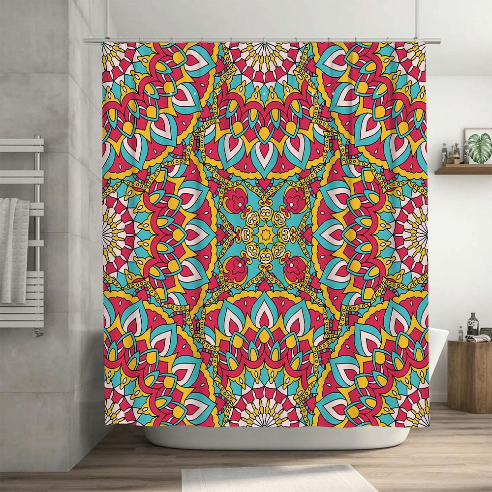Mandala Shower Curtain Bathroom Decorative Waterproof Fabric Bath Liner Modern Print Pattern Pink Blue Yellow Red Flower Design