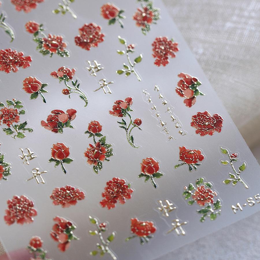 Gold Stamped Blooming Red Peony 3D Self-Adhesive Nail Art Stickers Lily Magnolia Camellia Daisy Rose Manicure Decals