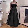 ZANZEA Women Elegant Square Neck Sleeveless Waisted A-Line Suspender Dress