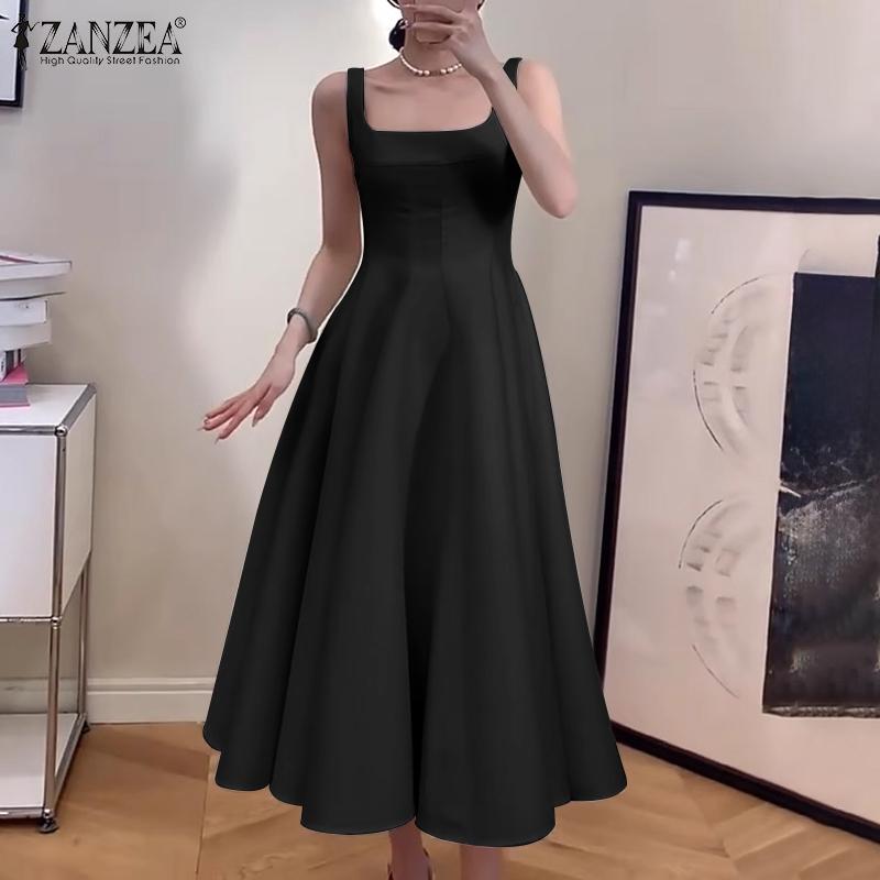ZANZEA Women Elegant Square Neck Sleeveless Waisted A-Line Suspender Dress