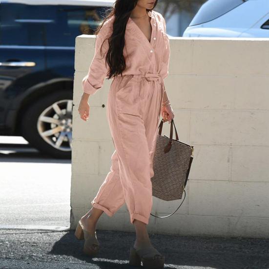 V-neck Buttons Closure Belt Women Jumpsuit Women Casual 3/4 Sleeve Solid Color Cargo Jumpsuit Ladies Outfit