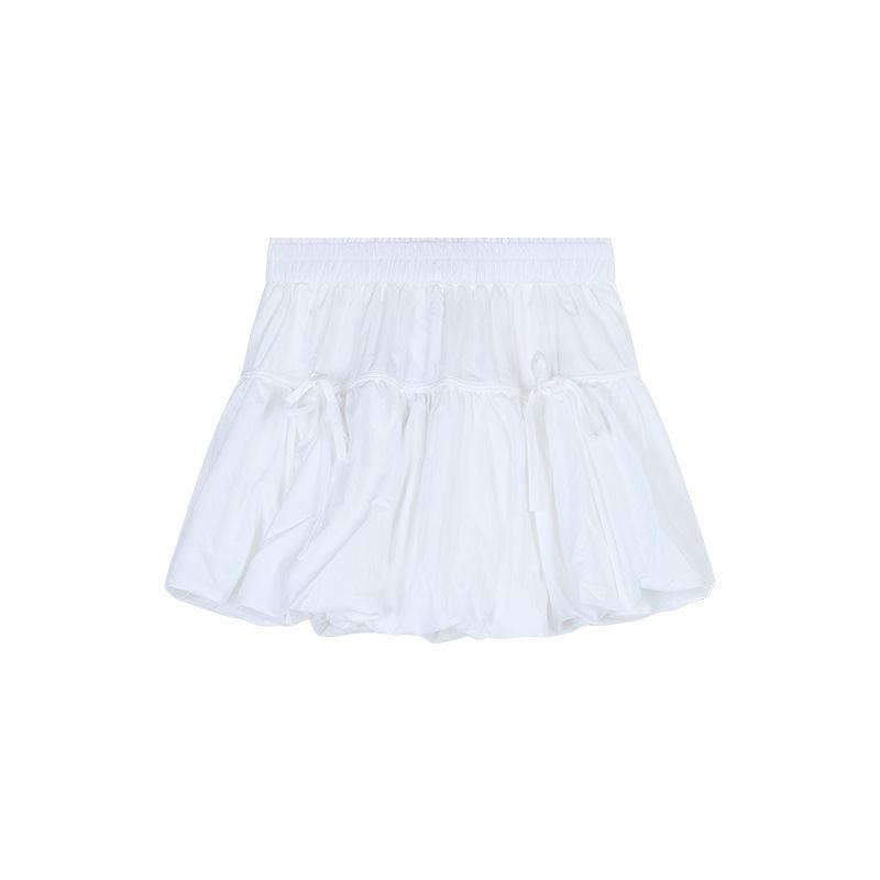 Women's Summer White A-Line Bow Tie Puff Tulip Midi Skirt