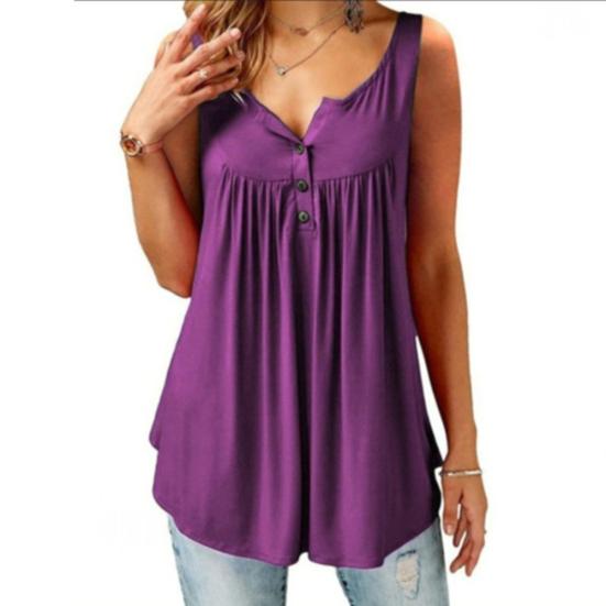 Women Solid Color U Neck Camisole Sleeveless Pleated Tank Top Button Loose Vest