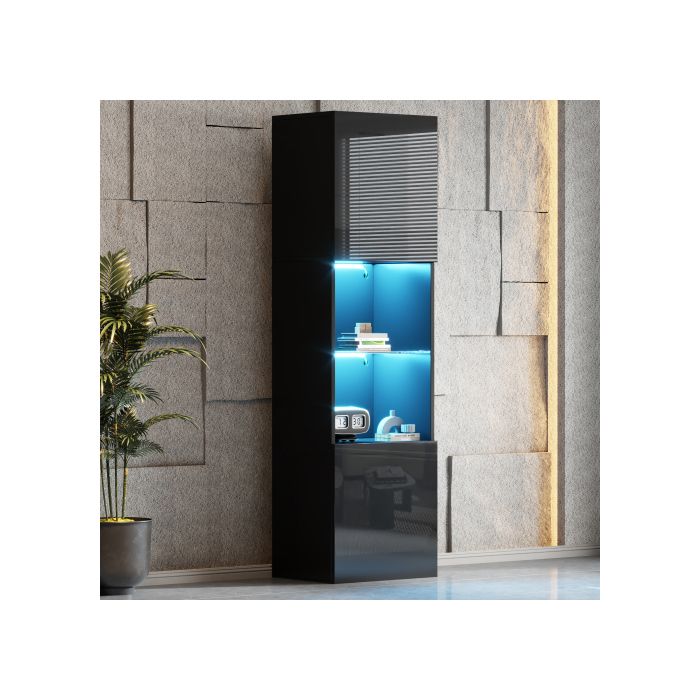 Vitrine - MUVOE - Noir Brillant - 1 étagère en verre - Éclairage LED - 160 cm