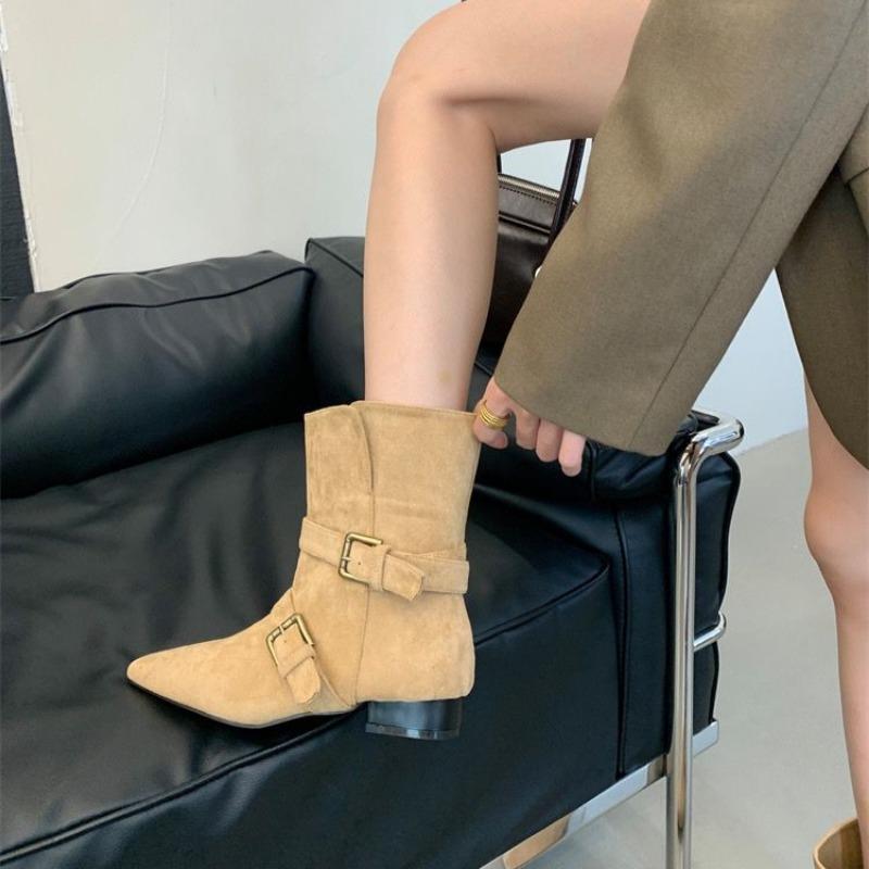 Повседневные ботильоны Новые простые для работы с круглым носком Кожаные ботинки на плоской подошве с ремешком и пряжкой Женская обувь Zapatos De Mujer