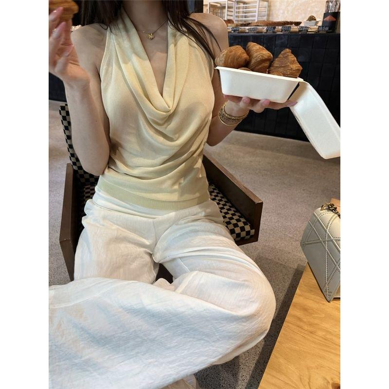 Kumikumi Design Sense Hanging Neck Swing Collar Pleat Vest Top Women Summer New Slimming Casual Pants Two-piece Set