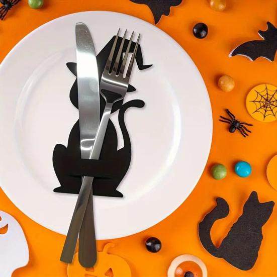 12Pcs Halloween Bat Spoon Fork Holder Spooky Pumpkin Skeleton Ghost Spider Black Cat Cutlery Felt Cover Holiday Party Dining Table Decoration