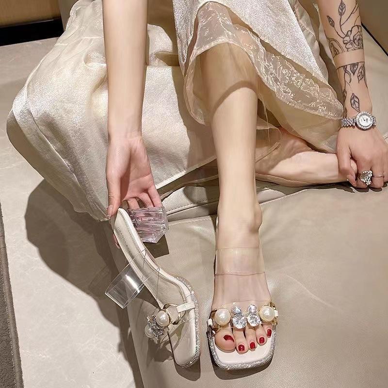 Прозрачные туфли на высоком каблуке, толстый средний каблук, открытые носки, женская обувь, верхняя одежда 2025 года, лето с босоножками из жемчуга и стразами