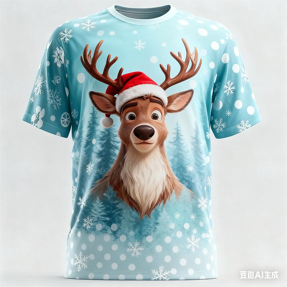 Summer Round Neck 3D Christmas Cartoon Animal Pattern Printed Top Fashionable Casual Short Sleeved Children's Boy T-shirts