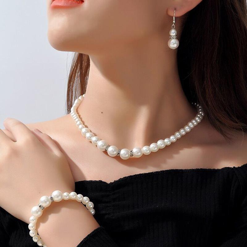 4Pcs Elegant Pearl Jewelry Set Women Earrings Necklace Bracelet Sets For Women Bridal Wedding Jewelry Gift Accessories