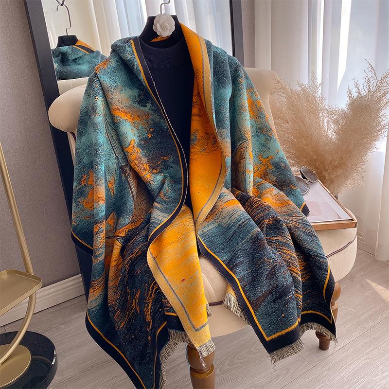 Осенне-зимняя двухсторонняя цветная масляная живопись, утолщенный теплый шарф, защитная шаль для шеи в кондиционируемом помещении