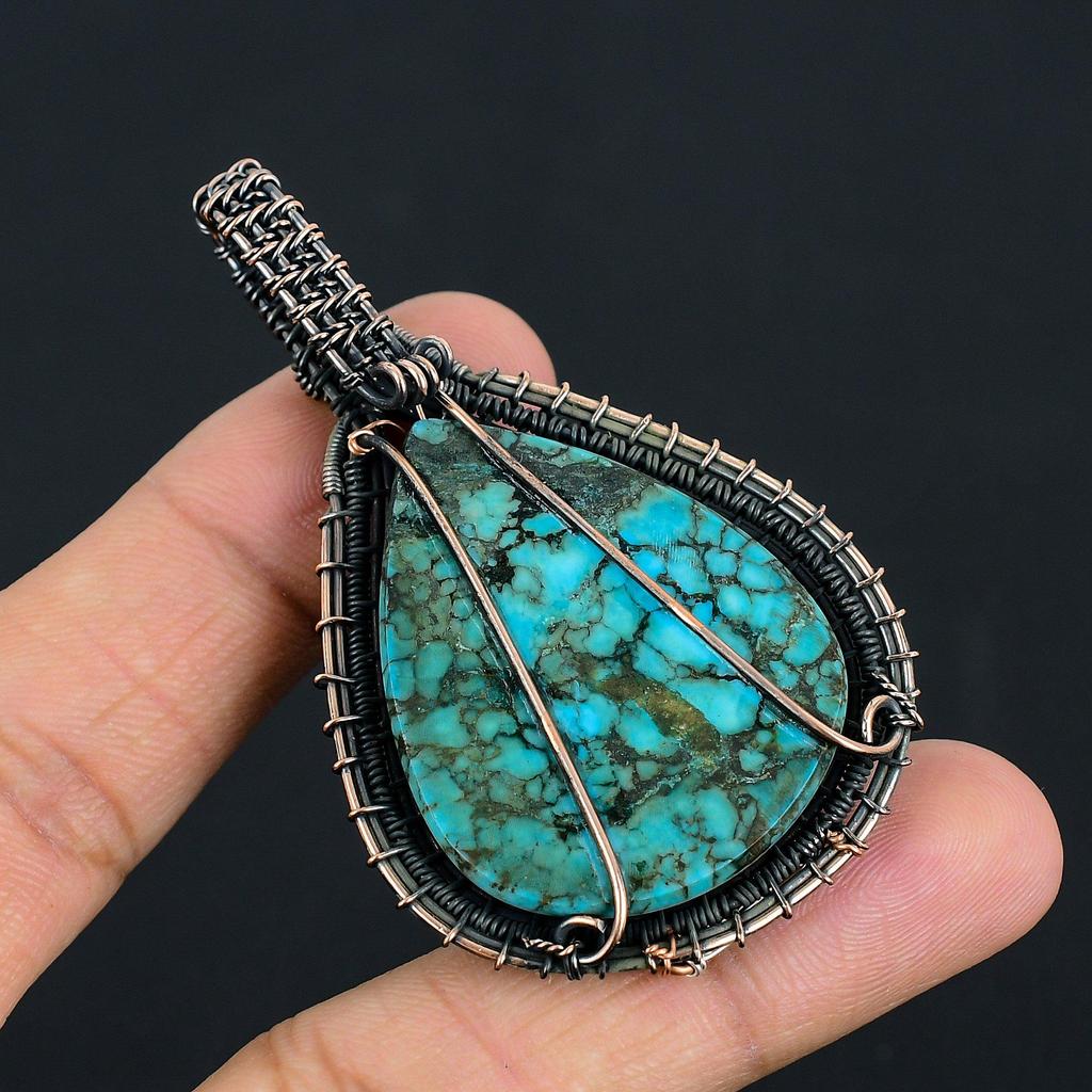 Blue Turquoise Handmade Gemstone Pendant, 999 Copper Wire Wrapped Antique Jewelry Pendant, For Engagement Gift