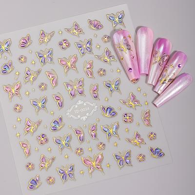 1pc 5D Purple Butterfly Jelly Nail Art Sticker Golden Star Flower Self-Adhesive Decals Sliders for Nails DIY Manicure Decoration