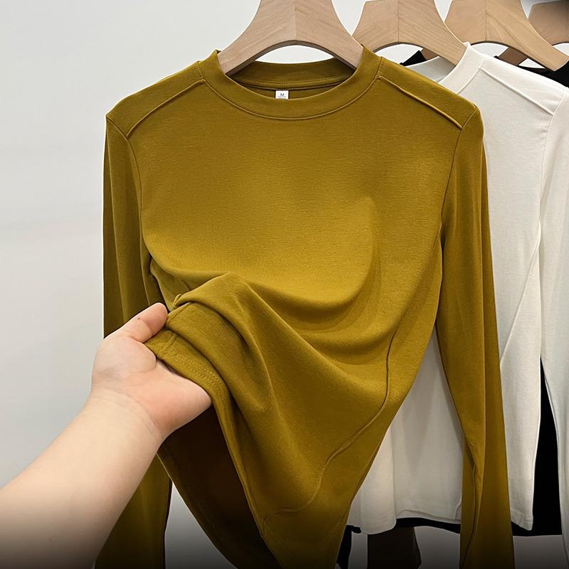 Круглая горловина однотонная футболка для женщин весна-осень новый стиль модал внутренняя нижняя часть рубашки тонкий топ с длинными рукавами