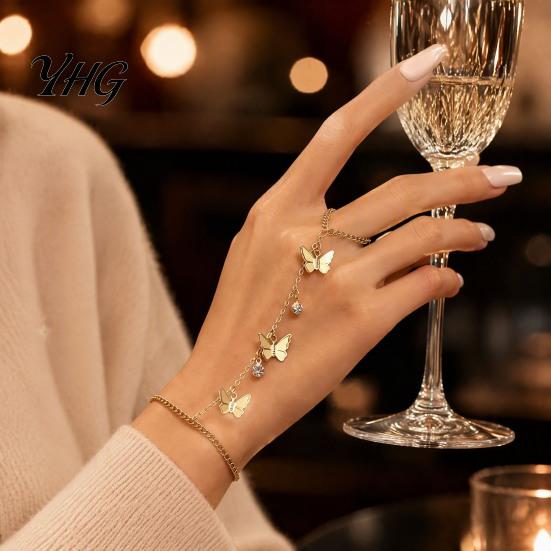 Party Jewelry for Ladies Golden Hand Chain Bracelet Women, Metal Butterfly Tassel with Ring Finger Ring, Harness Chic Accessory