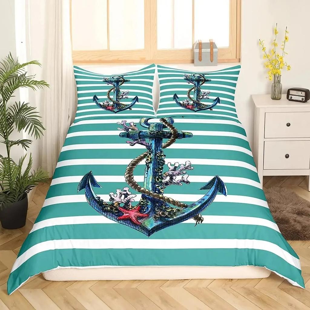 Ocean Beach Ship Anchor Duvet Cover Set Морской полиэстеровый плед для мужчин и женщин Закат Голубое небо Белые облака King Size