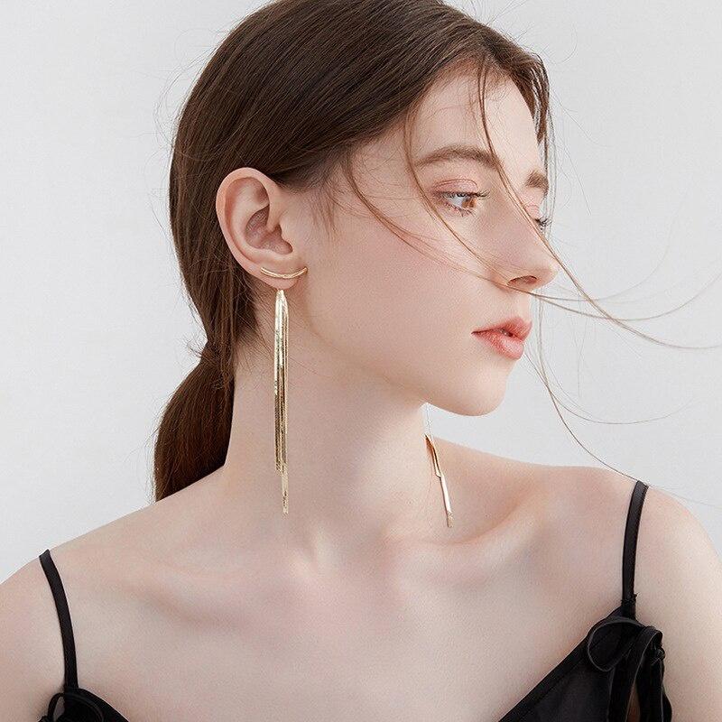 Винтажные серьги-подвески золотого цвета с длинными линиями и кисточками для женщин, глянцевые серьги с геометрическим узором в форме дуги, модные украшения